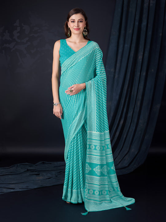 Teal Poly Georgette Saree With Blouse Piece