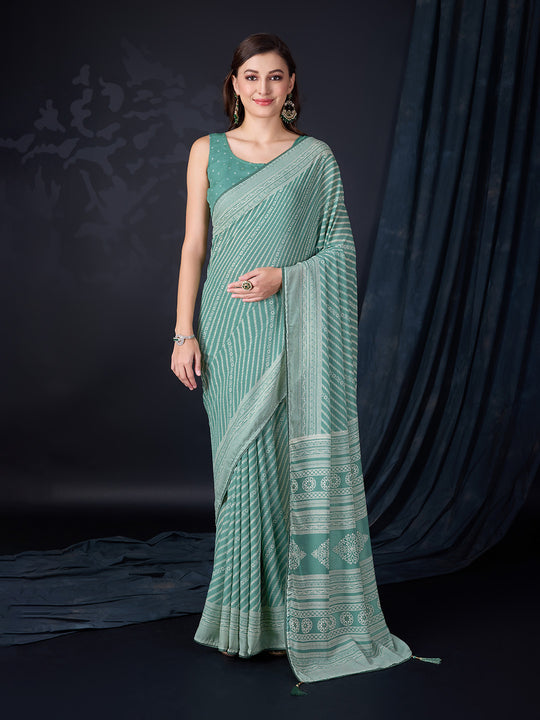 Green Poly Georgette Saree With Blouse Piece