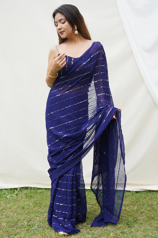 Blue Georgette Saree With Blouse Piece