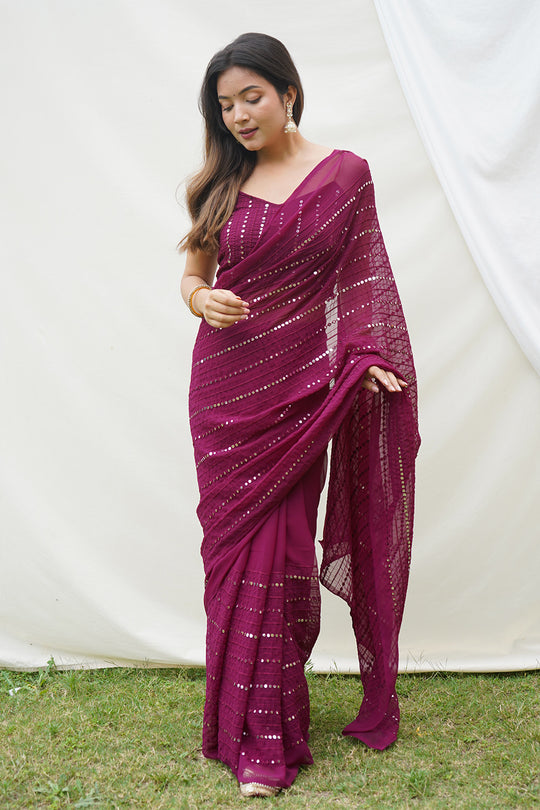 Wine Georgette Saree With Blouse Piece