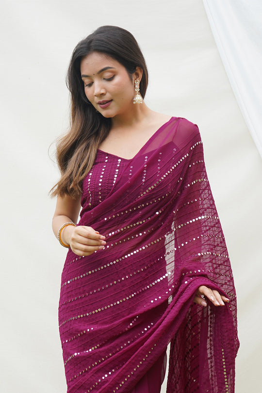Wine Georgette Saree With Blouse Piece