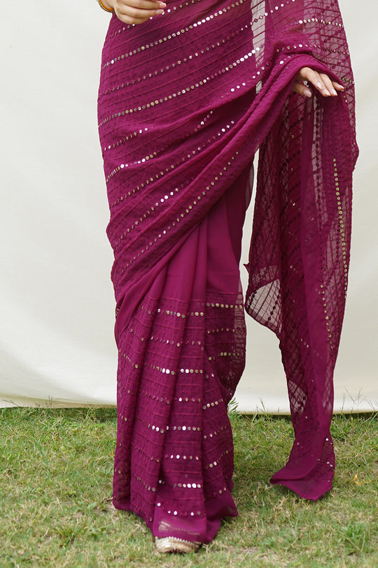 Wine Georgette Saree With Blouse Piece
