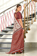 White And Red Hand Block Batik Print Mulmul Cotton Sarees Saree With Blouse Piece