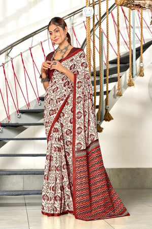 White And Red Hand Block Batik Print Mulmul Cotton Sarees Saree With Blouse Piece