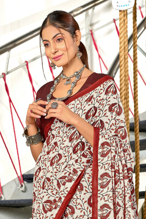White And Red Hand Block Batik Print Mulmul Cotton Sarees Saree With Blouse Piece