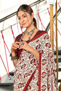 White And Red Hand Block Batik Print Mulmul Cotton Sarees Saree With Blouse Piece