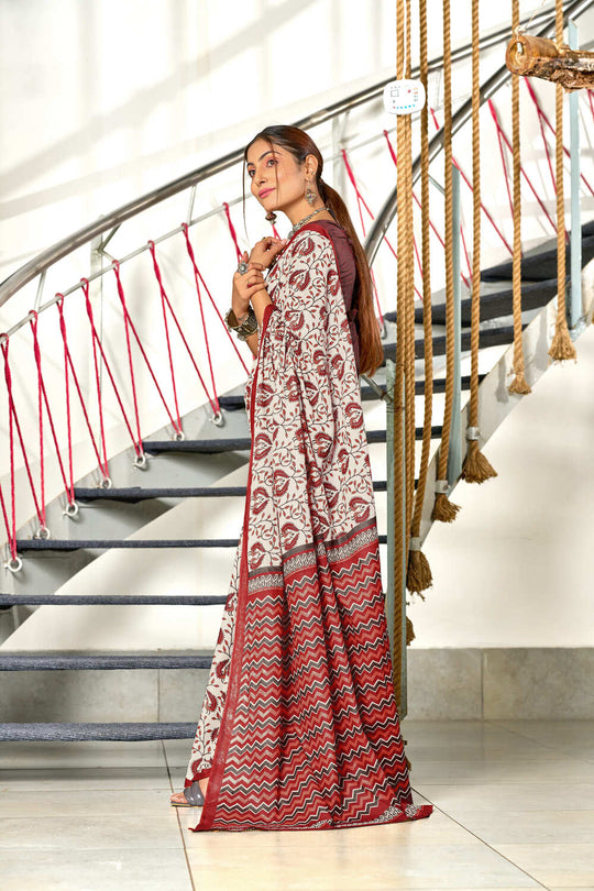 White And Red Hand Block Batik Print Mulmul Cotton Sarees Saree With Blouse Piece