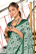Green Hand Block Batik Print Mulmul Cotton Sarees Saree With Blouse Piece