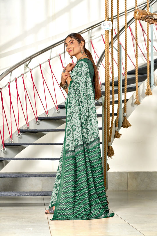 Green Hand Block Batik Print Mulmul Cotton Sarees Saree With Blouse Piece