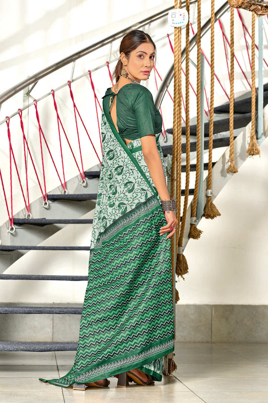 Green Hand Block Batik Print Mulmul Cotton Sarees Saree With Blouse Piece
