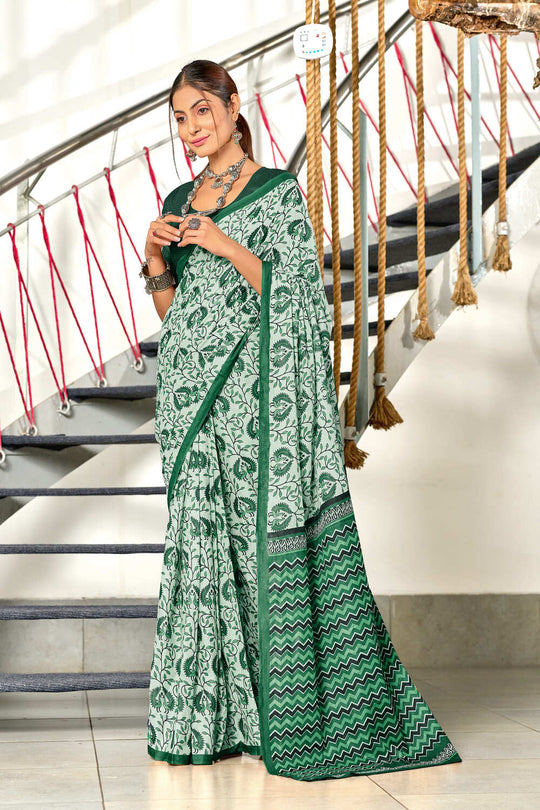 Green Hand Block Batik Print Mulmul Cotton Sarees Saree With Blouse Piece