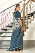 Sky Blue Hand Block Batik Print Mulmul Cotton Sarees Saree With Blouse Piece