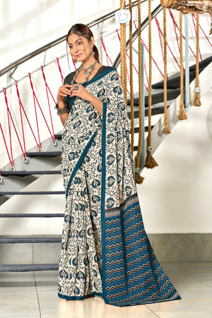 Sky Blue Hand Block Batik Print Mulmul Cotton Sarees Saree With Blouse Piece
