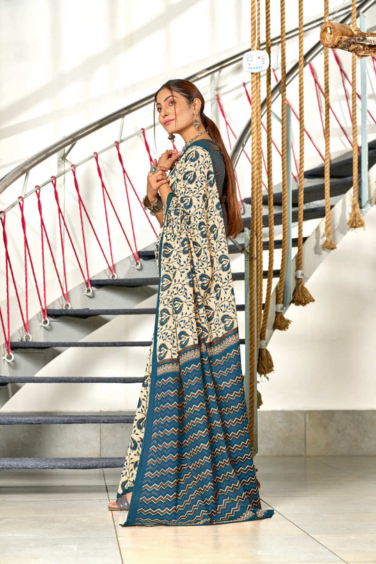 Sky Blue Hand Block Batik Print Mulmul Cotton Sarees Saree With Blouse Piece