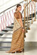 Cream Hand Block Batik Print Mulmul Cotton Sarees Saree With Blouse Piece