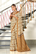 Cream Hand Block Batik Print Mulmul Cotton Sarees Saree With Blouse Piece