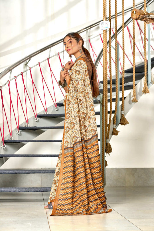 Cream Hand Block Batik Print Mulmul Cotton Sarees Saree With Blouse Piece