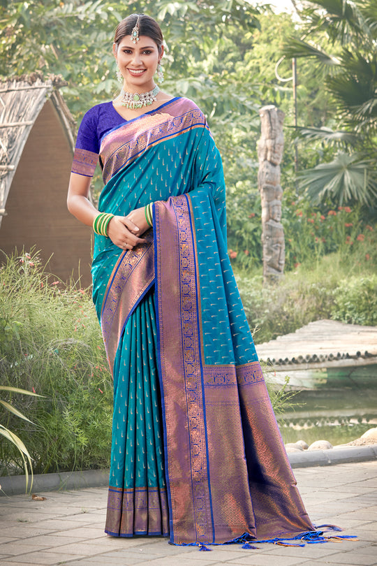 Sky Blue Banarasi Silk Saree With Blouse Piece