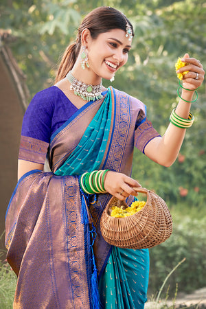 Sky Blue Banarasi Silk Saree With Blouse Piece