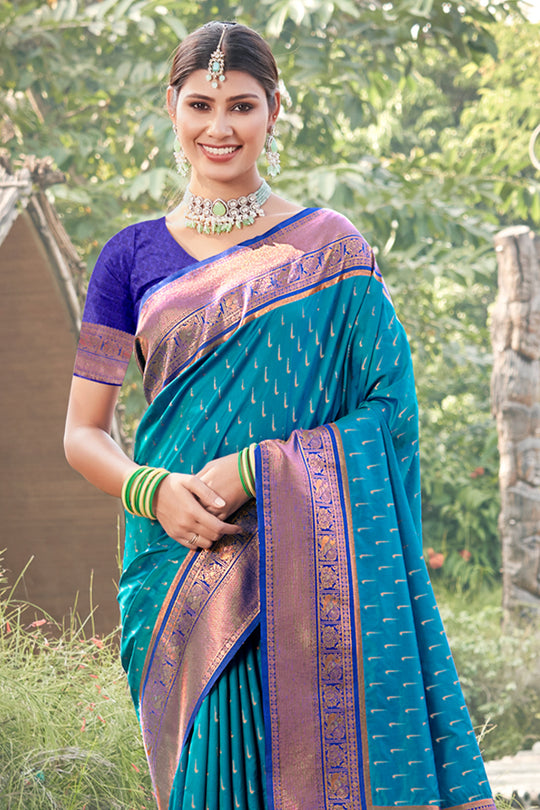 Sky Blue Banarasi Silk Saree With Blouse Piece