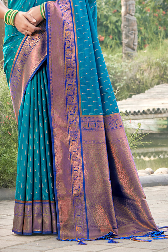 Sky Blue Banarasi Silk Saree With Blouse Piece