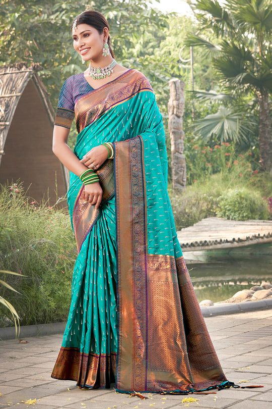 Sea Green Banarasi Silk Saree With Blouse Piece