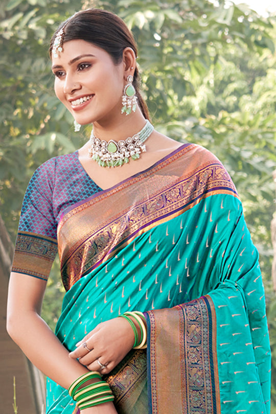 Sea Green Banarasi Silk Saree With Blouse Piece