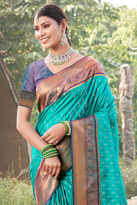 Sea Green Banarasi Silk Saree With Blouse Piece