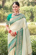 White Banarasi Silk Saree With Blouse Piece