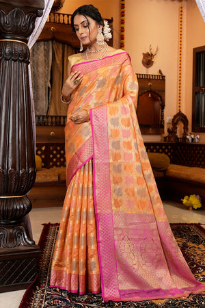 Cantaloupe Peach Silk Saree