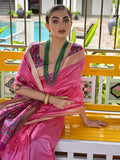 Pink Raw Silk Patola Saree With Blouse Piece