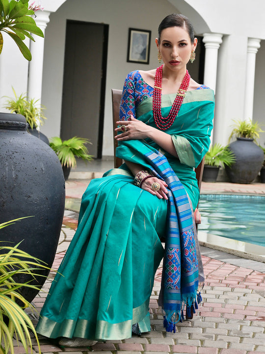Rama Raw Silk Patola Saree With Blouse Piece