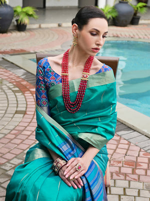 Rama Raw Silk Patola Saree With Blouse Piece