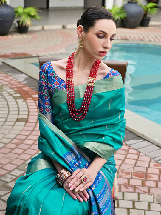 Rama Raw Silk Patola Saree With Blouse Piece