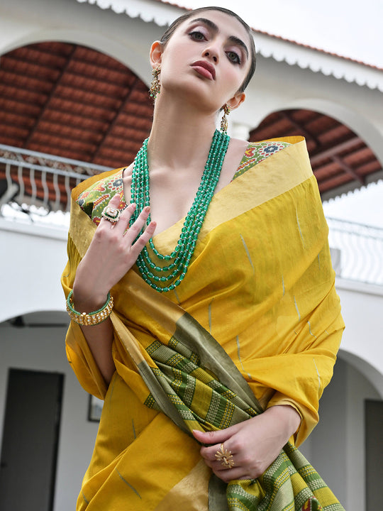 Yellow Raw Silk Patola Saree With Blouse Piece