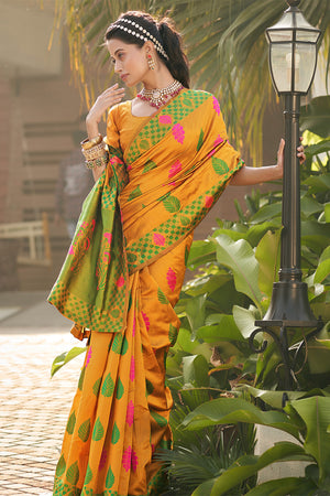 Womens Banarasi Silk Yellow Saree With Blouse Piece