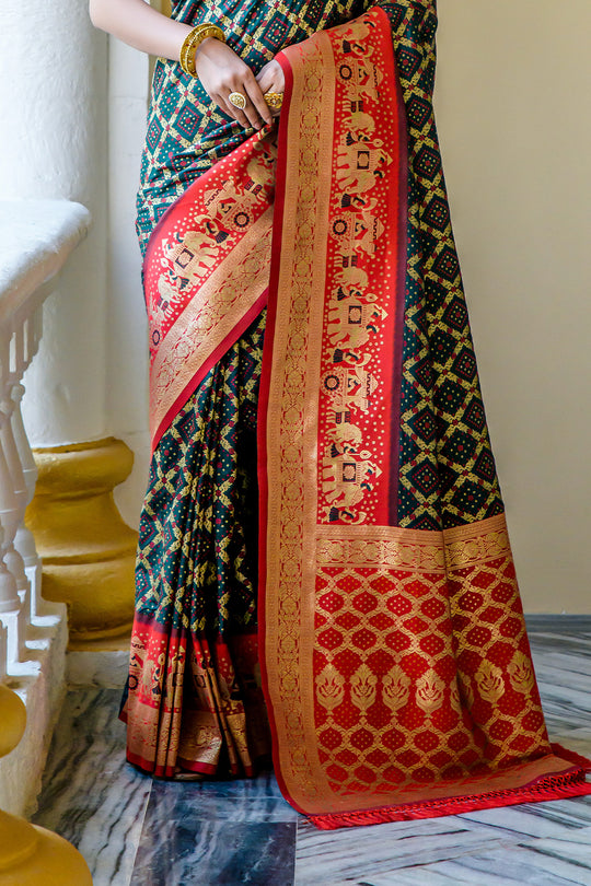 Bottle Green Banarasi Silk Saree With Blouse Piece