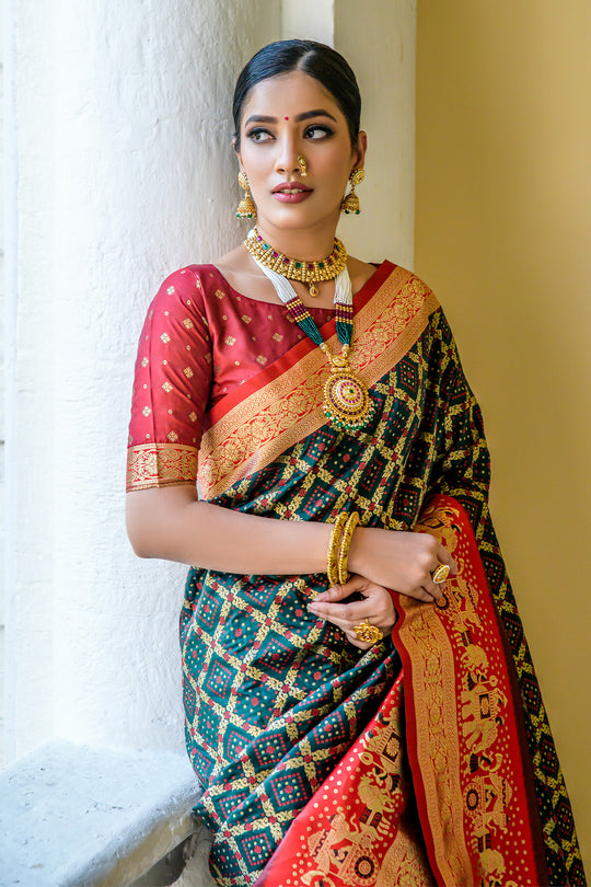 Bottle Green Banarasi Silk Saree With Blouse Piece