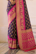 Navy Blue Banarasi Silk Saree With Blouse Piece