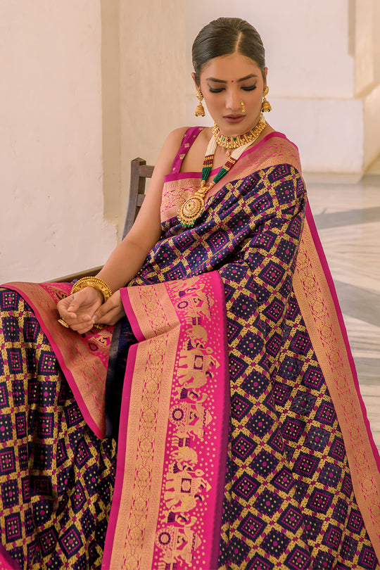 Navy Blue Banarasi Silk Saree With Blouse Piece