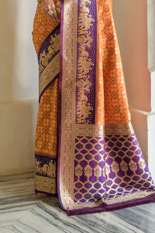 Orange Banarasi Silk Saree With Blouse Piece