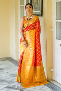 Red Banarasi Silk Saree With Blouse Piece