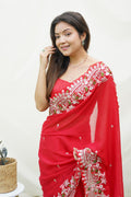 Red Satin Georgette Saree With Blouse Piece