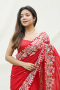 Red Satin Georgette Saree With Blouse Piece