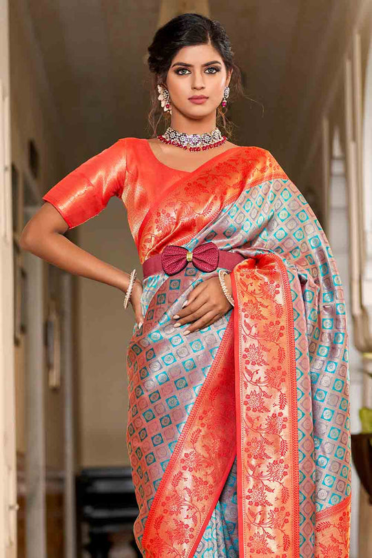 Blue And Orange Banarasi Saree