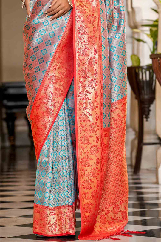 Blue And Orange Banarasi Saree