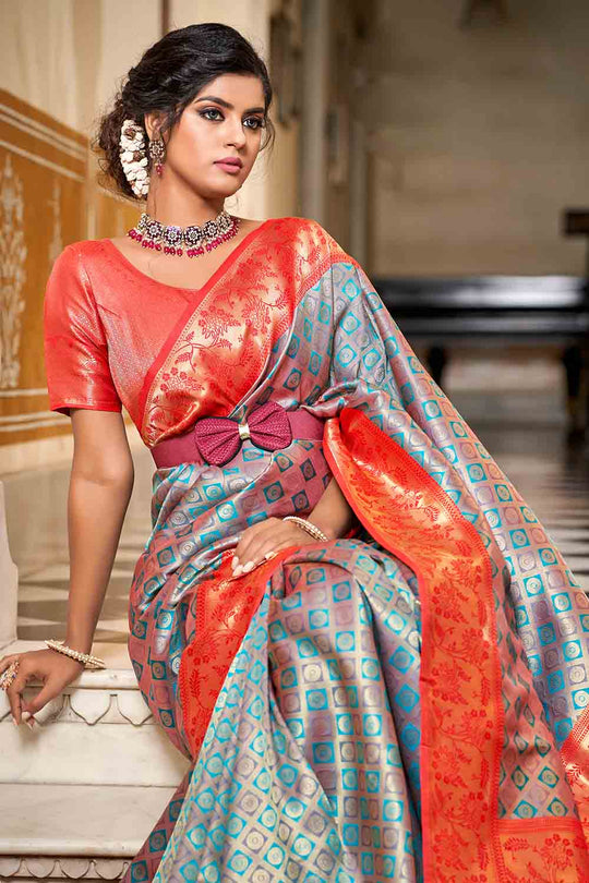 Blue And Orange Banarasi Saree