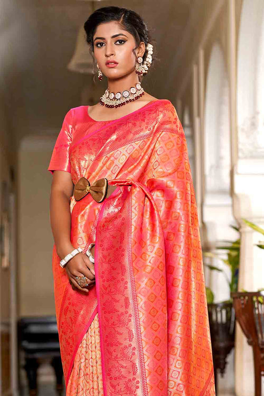 Orange And Red Banarasi Saree