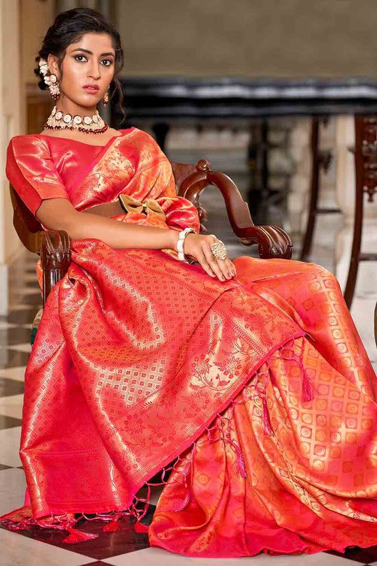 Orange And Red Banarasi Saree