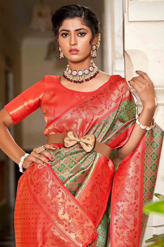 Green And Red Banarasi Saree